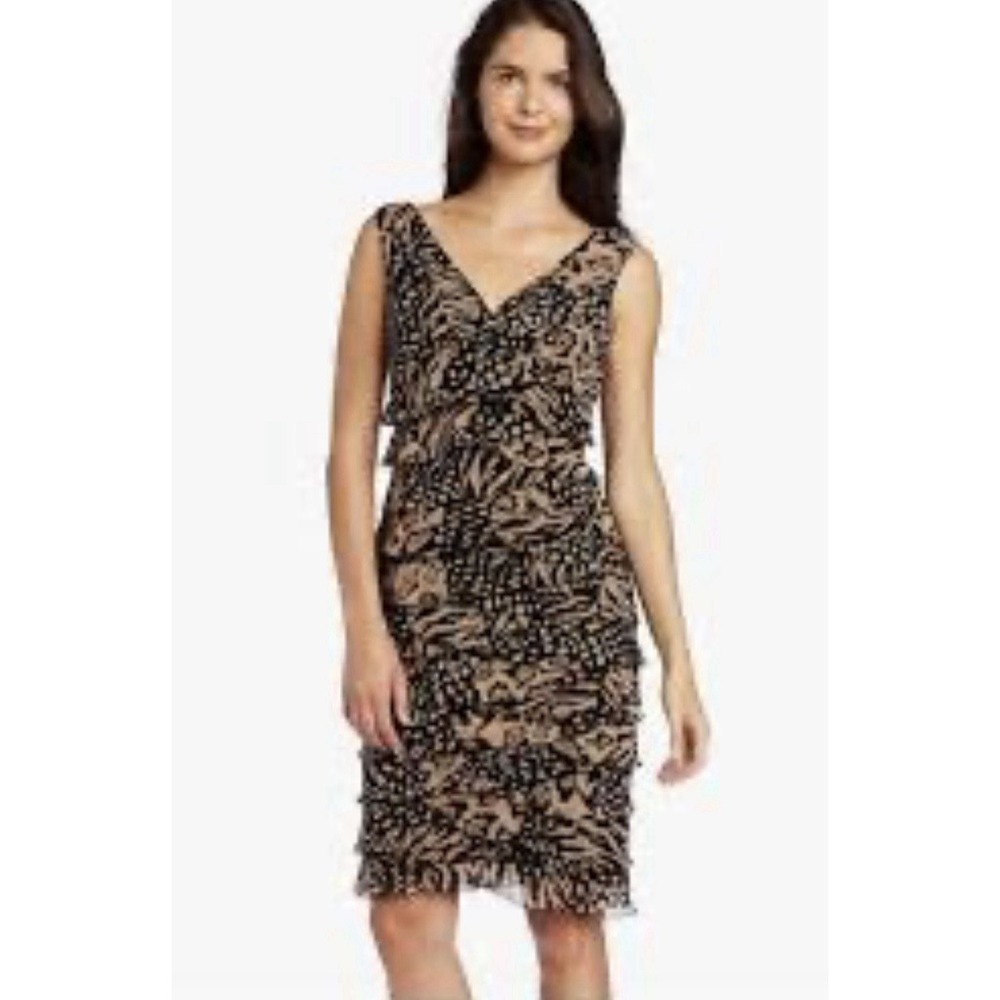 Jones New York Tiered Sheath Dress 12P Brown Black Leopard Zebra Print V Neck
